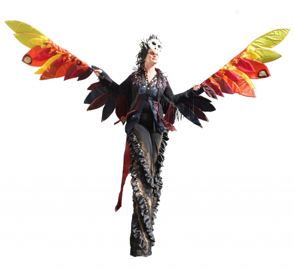 Feuerwesen – Phoenix Stelzen Kostüm Walkact Theater Zirkus Karlsruhe Seifenblasen buchen Künstler